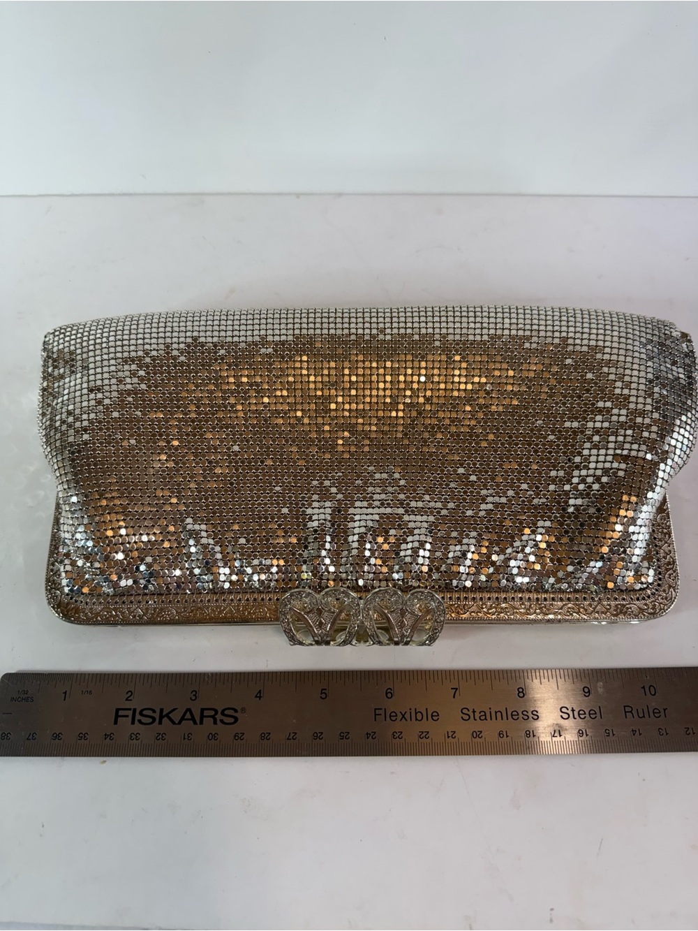 Silver Mesh Evening Clutch with Rhinestone Heart Clasp
